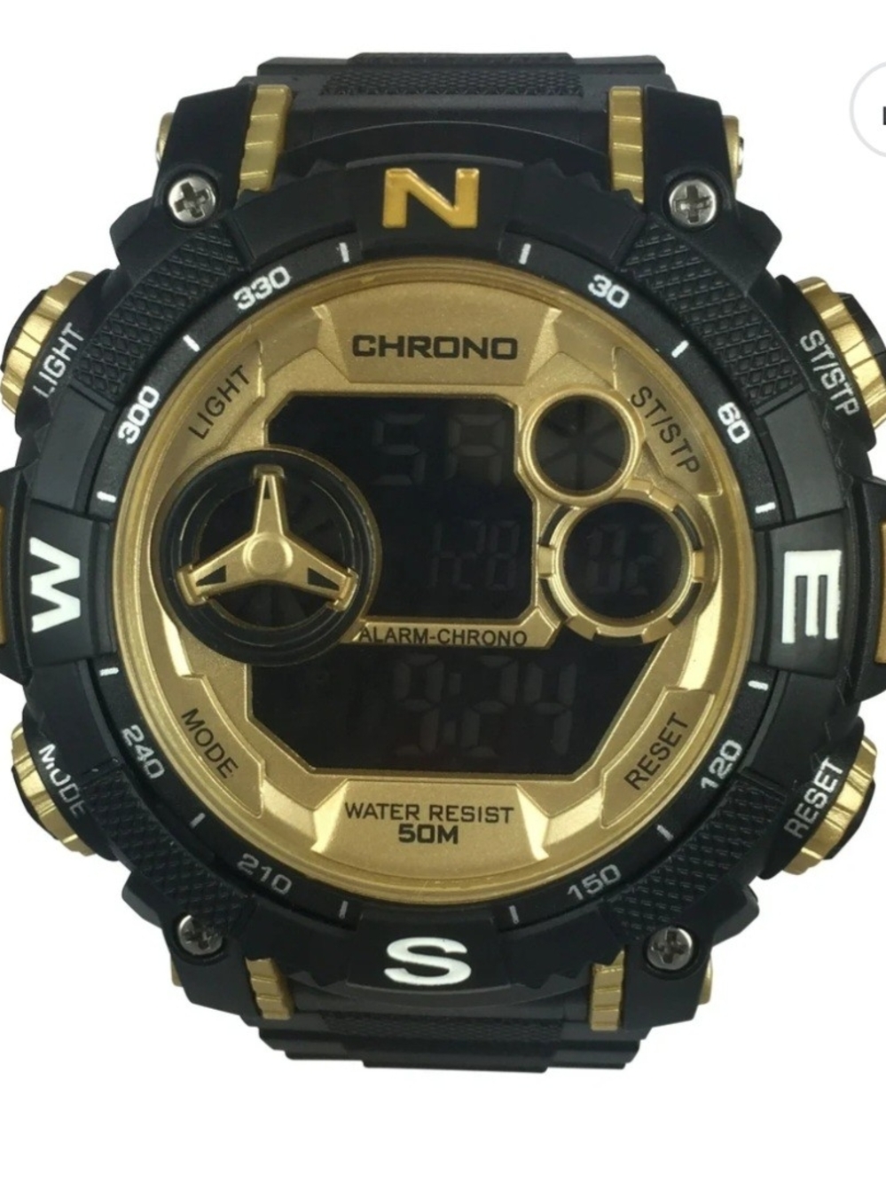 New George Digital Watch Men Black/Gold Round Dial Alarm/Stopwatch Water Resist